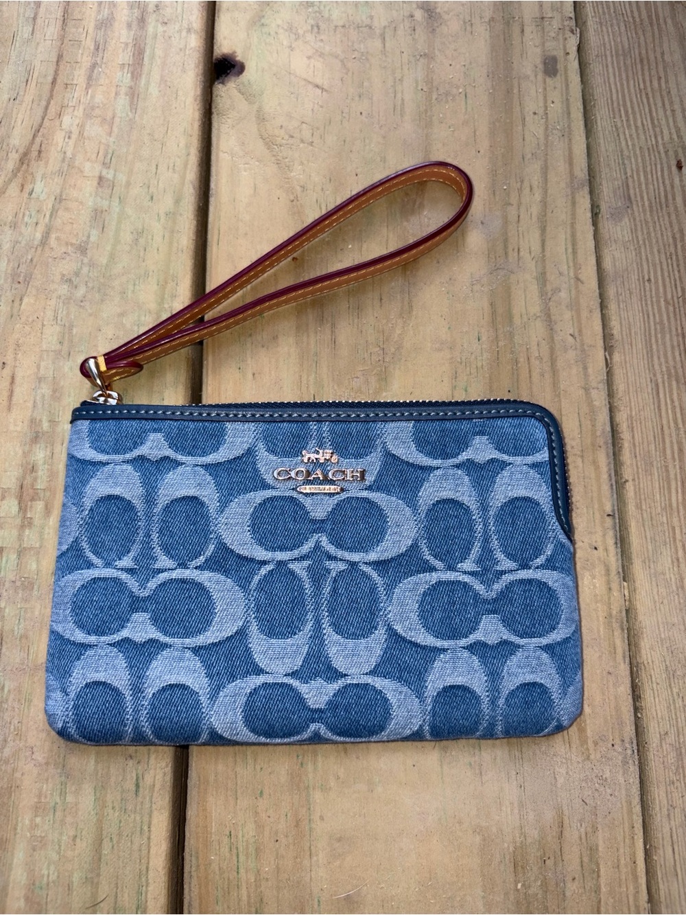 Coach Denim Signature Jacquard Wristlet with Tan Leather Strap